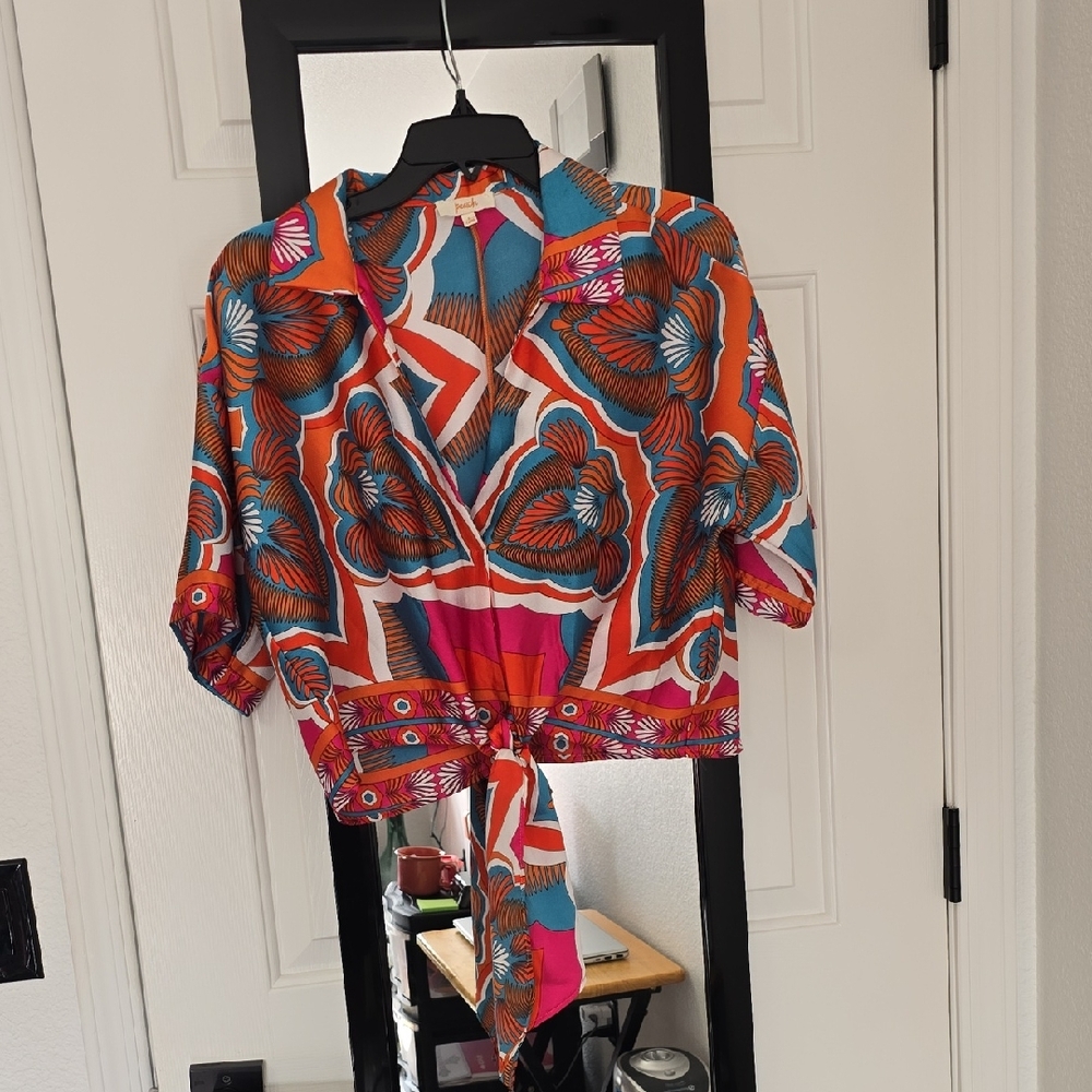 Colorful Floral Tie-Front Blouse Sz Lg